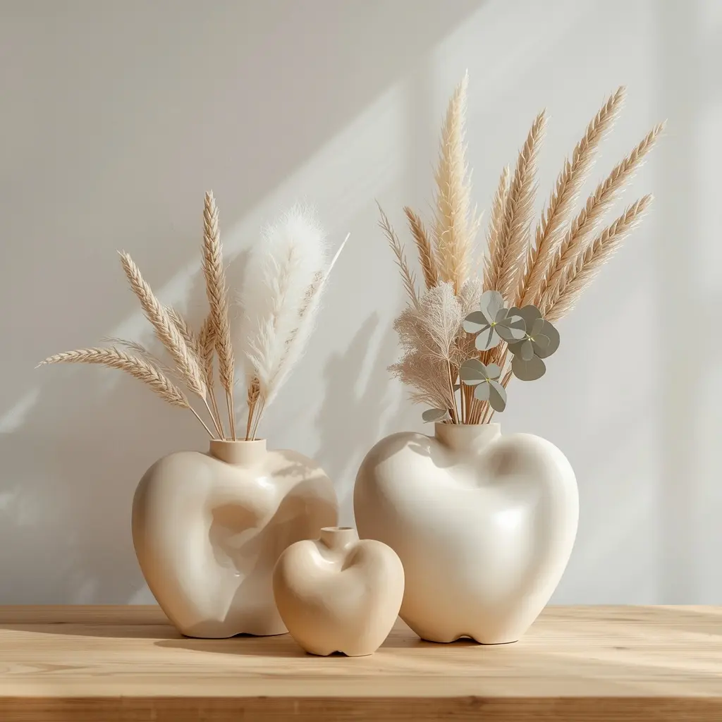 Pearl white heart shaped ceramic vase set for living room decor